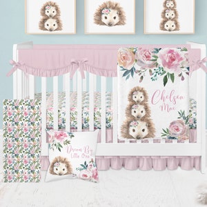 Hedgehog Crib Bedding Set, Floral Crib Bedding, Woodland Nursery Bedding, Hedgehog Blanket, Girl Nursery Bedding Set, Hedgehog Baby Bedding