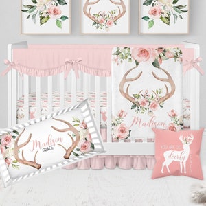 Deer Crib Bedding Set, Baby Girl Crib Bedding Sets With Deer Antlers, Pink Floral Crib Bedding, Crib Sheets Girl, Woodland Nursery Bedding