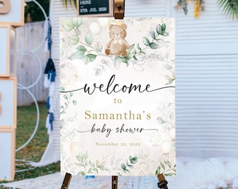 Teddy Bear Baby Shower Welcome Sign, Welcome To The Baby Shower Sign, Greenery Teddy Bear Baby Shower Decorations, We Can Bearly Wait Sign