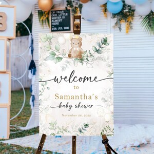Teddy Bear Baby Shower Welcome Sign, Welcome To The Baby Shower Sign, Greenery Teddy Bear Baby Shower Decorations, We Can Bearly Wait Sign