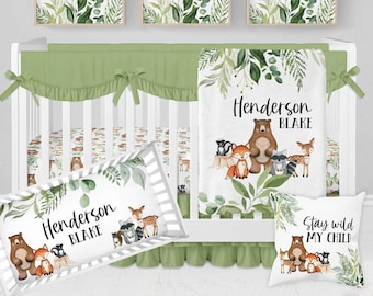 Woodland Crib Bedding Set, Baby Boy Crib Bedding Set, Woodland Nursery, Woodland Animals Nursery Bedding, Personalized Woodland Baby Blanket