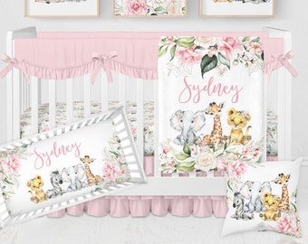 Safari Crib Bedding Set, Baby Girl Crib Bedding Set, Pink Floral Crib Bedding, Safari Animal Nursery, Personalized Elephant Baby Bedding Set