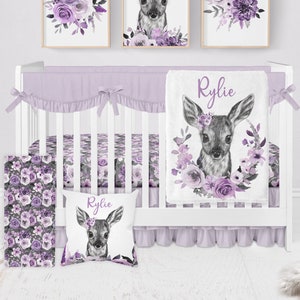 Baby Girl Deer Crib Bedding Set, Girl Crib Bedding Sets With Deer, Woodland Crib, Purple, Baby Girl Woodland Nursery, Crib Bedding Set Girl