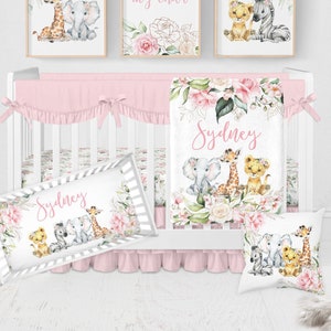 Safari Crib Bedding Set, Baby Girl Crib Bedding Set, Pink Floral Crib Bedding, Safari Animal Nursery, Personalized Elephant Baby Bedding Set