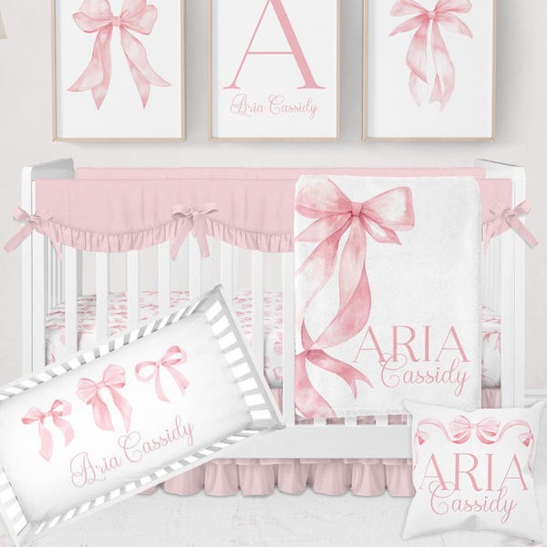 Pink Bow Crib Bedding Set, Personalized Baby Girl Crib Bedding, Coquette Nursery Decor, Pink Bow Nursery Set, Baby Girl Bedding Crib Sets