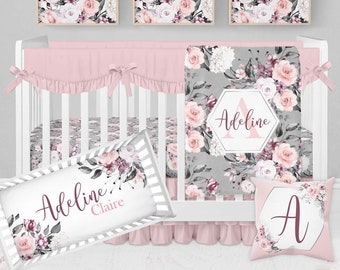 Baby Girl Crib Bedding Set, Floral Crib Bedding, Personalized Crib Sheets Girl, Rose Floral Nursery, Girl Nursery Bedding, Pink, Grey, Mauve