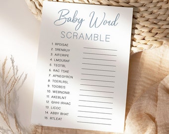 Baby Word Scramble Game, Blue Minimalist Baby Shower Word Scramble With Answer Key, Printable Baby Shower Games Boy, Instant Download, OB1