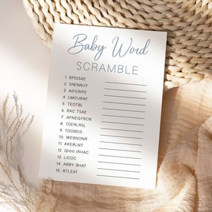 May include: A printable baby word scramble game with 15 words to unscramble. The words are written in black ink on a white background. The title "Baby Word Scramble" is written in blue cursive.