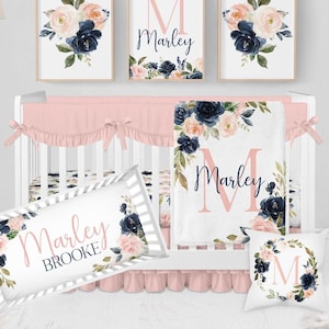 Baby Girl Crib Bedding Set Floral, Navy and Blush Floral Crib Bedding Set Girl, Baby Girl Nursery Bedding, Pink Floral Nursery Decor Girl