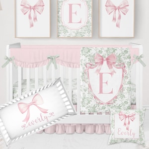 Pink and Green Crib Bedding Set Girl, Baby Girl Bedding, Pink Bow Crib Sets, Pink Bow Nursery Decor, Toile Nursery, Floral Mini Crib Bedding