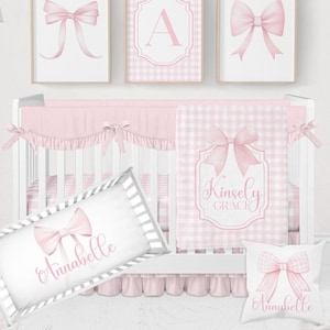 Pink Bow Nursery Bedding, Pink Crib Bedding Set, Gingham Bow Baby Girl Bedding, Baby Bedding Crib Sets Girl, Coquette Bow Nursery Decor Girl