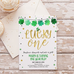 Editable St. Patrick'S Day Birthday Invitation, Lucky One Invitation, Shamrock First Birthday Invite, Gold Green 1st Birthday Party Download