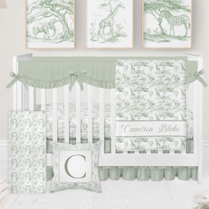 Safari kinderkamer beddengoed set, babyjongen wieg beddengoed, groene wieg beddengoed set jongen, safari toile kinderkamer decor, jungle baby beddengoed wieg sets jongen