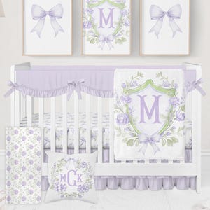 Purple Crib Bedding Set Girl, Baby Girl Bedding Crib Sets, Purple Nursery Bedding, Bow Nursery Decor, Baby Bedding Set, Floral Crib Bedding