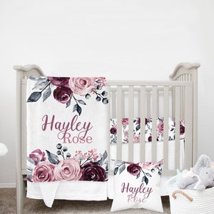 MINI Crib Bedding Set, Floral Crib Bedding, Baby Girl Bedding, Floral Nursery, Mini Crib Sheet, Dusty Rose Crib Bedding, Mauve, Pink, Purple