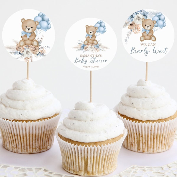 Editable Teddy Bear Cupcake Toppers, Blue Boho We Can Bearly Wait Baby Shower Decorations Boy, Bear Baby Shower Decor Instant Download, BTB1