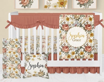 Vintage bloemen wieg beddengoed set, babymeisje wieg beddengoed, boho beddengoed wieg, bloemen kwekerij, roest mosterd lakens wieg meisje, babydeken meisje