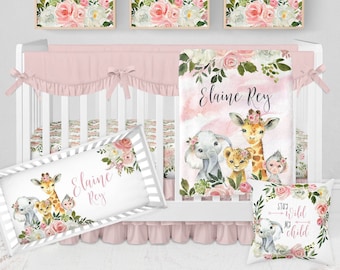 Safari Crib Bedding Set, Baby Girl Crib Bedding Set, Safari Nursery, Pink Floral Crib Bedding, Elephant Baby Bedding, Giraffe Floral Nursery
