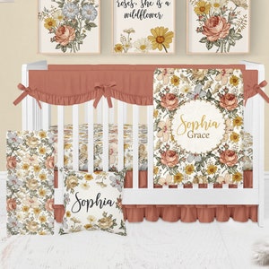 Vintage Floral Crib Bedding Set, Baby Girl Crib Bedding, Boho Crib Bedding, Floral Nursery, Rust Mustard Crib Sheets Girl, Girl Baby Blanket