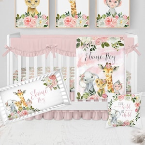 Safari Crib Bedding Set, Baby Girl Crib Bedding Set, Safari Nursery, Pink Floral Crib Bedding, Elephant Baby Bedding, Giraffe Floral Nursery