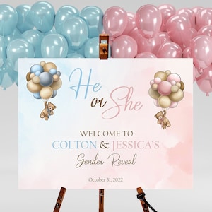 Teddy Bear Gender Reveal Sign, Gender Reveal Decorations, He Or She Gender Reveal Poster, Gender Reveal Welcome Sign, Balloons Gender Reveal