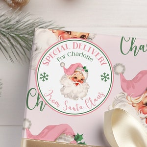 Pegatinas navideñas personalizadas, etiquetas de entrega especial de Papá Noel, etiquetas de regalo de Navidad, etiquetas de regalo de Navidad personalizadas, pegatinas rosas de Papá Noel