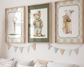 Arte infantil de golf para niño, láminas vintage para habitación infantil de niño, decoración infantil de golf, láminas para habitación de niño con temática de golf, arte de pared infantil con ositos de peluche, arte deportivo vintage