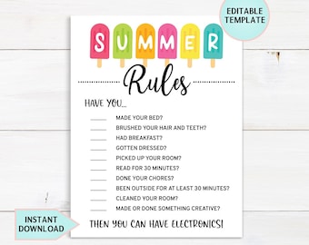 Editable Summer Screen Time Checklist, Screen Time Rules Printable, Summer Chore Chart For Kids, Screen Time Tracker, Chore List, Download