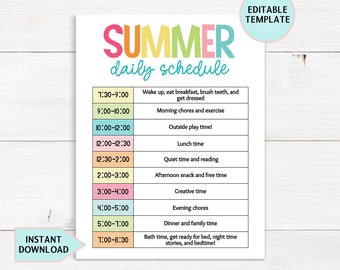 Instant Download-custom Editable-summer Schedule for Kids Daily ...