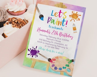 Könnte beinhalten: Eine farbenfrohe Einladung zu einer Kindergeburtstagsparty mit dem Text "Let's Paint!" zur Feier von Hannahs 8. Geburtstag. Die Einladung zeigt einen Pinsel, Farbspritzer und eine Farbpalette.