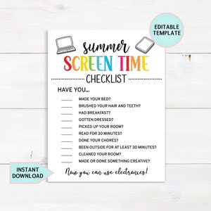 Editable Summer Screen Time Rules For Kids, Summer Planner, Printable Screen Time Chore Chart, Daily Summer Checklist, Summer Rules Download
