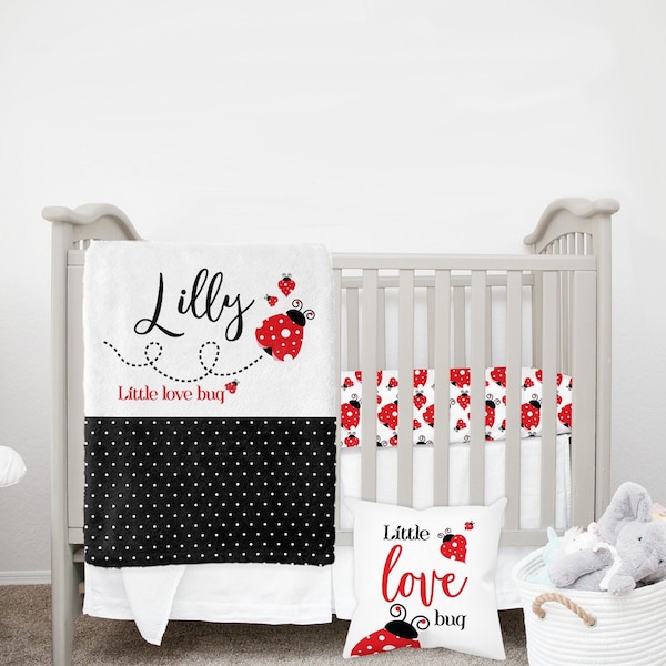 MINI Crib Bedding Set, Ladybug Crib Bedding Set, Baby Girl Crib Bedding Set, Ladybug Nursery, Mini Crib Set, Mini Crib Sheet, Girl Mini Crib