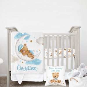 MINI Crib Bedding Set, Teddy Bear Crib Bedding Set, Baby Boy Crib Bedding, Teddy Bear Nursery, Moon Stars Cloud, Boy Mini Crib Sheet Blue
