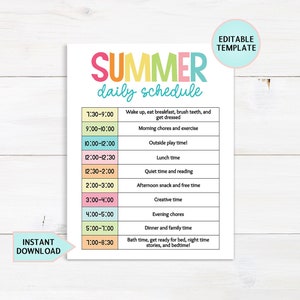 Bearbeitbarer Tagesablaufplan für Kinder, tägliche Checkliste für Kinder für Kinder, Tagesablauf für den Sommer druckbar, Sommerzeitplan für Kinder, Download