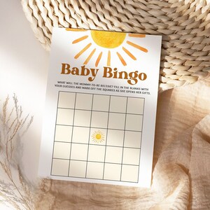 Boho babybingospel, babyshower bingokaarten, Sunshine babyshowerspellen, zon babyshower bingo afdrukbaar, afdrukbare babyshowerspellen SBS2