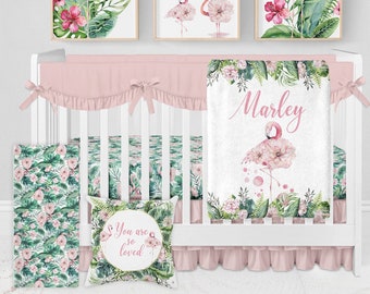 Flamingo Crib Bedding Set, Flamingo Nursery, Baby Girl Crib Bedding Set, Tropical Nursery, Floral Girl Nursery Bedding Set, Flamingo Baby