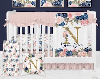 Floral Crib Bedding Set, Girl Crib Bedding, Personalized Baby Blanket, Navy And Pink Baby Bedding, Crib Sheets Girl, Navy Blush Pink Floral