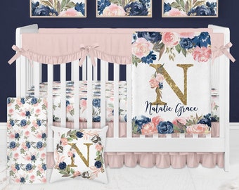 Floral Crib Bedding Set, Girl Crib Bedding, Personalized Baby Blanket, Navy And Pink Baby Bedding, Crib Sheets Girl, Navy Blush Pink Floral