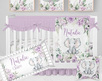 Elephant Baby Bedding Set, Baby Girl Crib Bedding Set, Personalized Elephant Baby Blanket, Floral Elephant Nursery Girl, Purple Crib Bedding