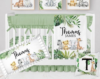 Safari Crib Bedding Set, Baby Boy Crib Bedding, Boy Safari Nursery, Personalized Safari Baby Blanket, Elephant, Giraffe, Safari Animal Baby