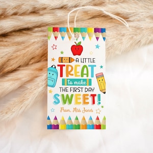 Een kleine traktatie om de eerste dag Sweet Tag te maken, bewerkbare Back to School Treat-tags, afdrukbare First Day of School-cadeautag, direct downloaden