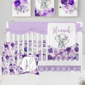 Elephant Baby Bedding Set, Baby Girl Crib Bedding Set, Purple Floral Crib Bedding, Crib Sheet Girl, Floral Elephant Nursery, Lavender Safari