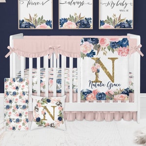 Floral Crib Bedding Set, Girl Crib Bedding, Personalized Baby Blanket, Navy And Pink Baby Bedding, Crib Sheets Girl, Navy Blush Pink Floral