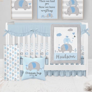 Elephant Baby Bedding Set, Baby Boy Crib Bedding, Grey Blue Crib Bedding, Elephant Crib Bedding, Elephant Nursery Bedding, Crib Sheets Boy