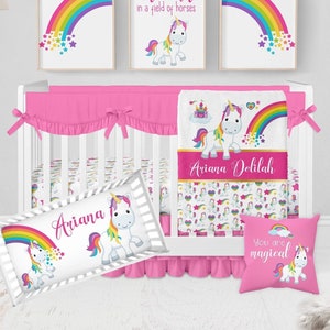 Unicorn Crib Bedding Set, Baby Girl Crib Bedding, Rainbow Unicorn Nursery, Personalized Unicorn Baby Blanket, Girl Rainbow Crib Bedding Pink
