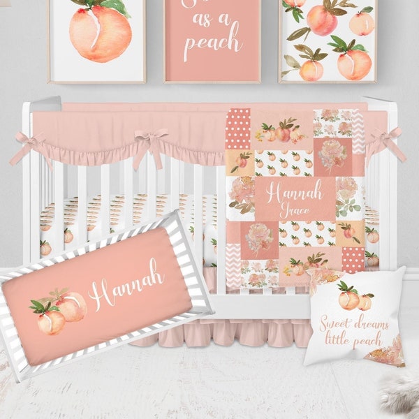 Peach Crib Bedding Set, Baby Girl Crib Bedding Set, Peach Nursery Bedding, Personalized Baby Girl Blanket, Pink Floral Crib Bedding, Coral