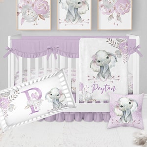 Elephant Baby Bedding Set, Baby Girl Crib Bedding Set, Personalized Baby Girl Blanket, Floral Elephant Nursery, Purple Floral Crib Bedding