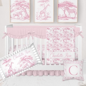 Safari Crib Bedding Set Girl, Baby Girl Bedding, Pink Toile Nursery Bedding, Safari Toile Nursery Decor, Pink Baby Bedding Crib Sets Girl