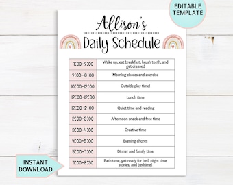 Editable Kids Daily Schedule Template, Daily Checklist For Kids, Daily Routine Printable, Kids Chore Chart, Homeschool Daily Routine Chart
