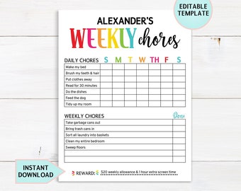 Editable Chore Chart For Kids, Kids Chore Chart, Kids Routine Chart Printable, Daily and Weekly Chore Chart, Screen Time Rewards, Download